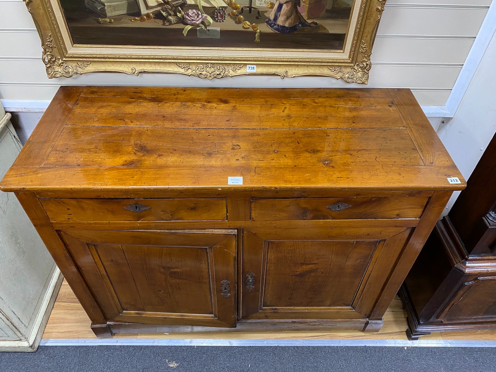 A mid 19th century French fruitwood side cabinet, width 128cm, depth 52cm, height 96cm